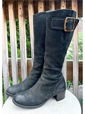 Paul Green Kendra US 8 UK 5.5 Gray Black Leather Riding Boots Buckle Heel
